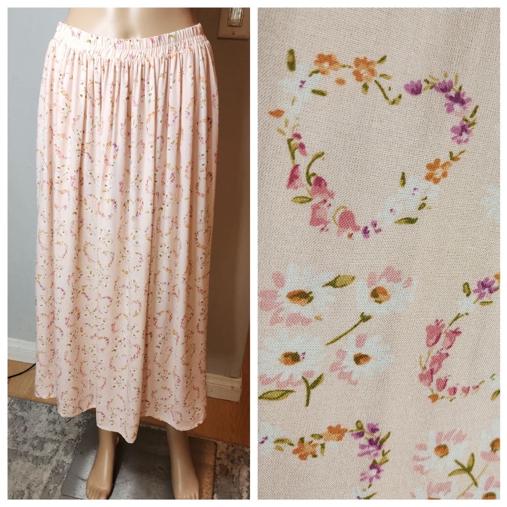 Coldwater Creek Skirt Pull-on Pink Heart Floral Midi Maxi Size Small